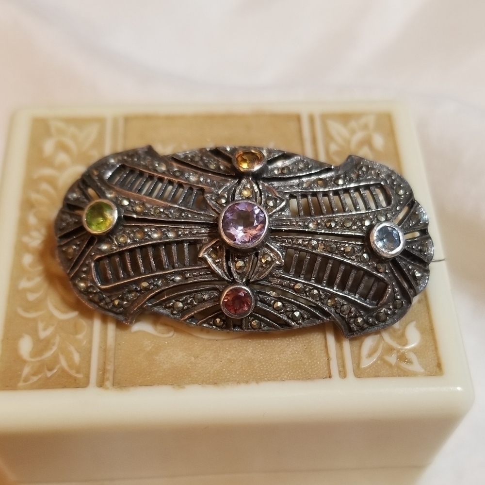 1930s Deco Sterling Filigree Gemmed Brooch - Picture 5 of 6